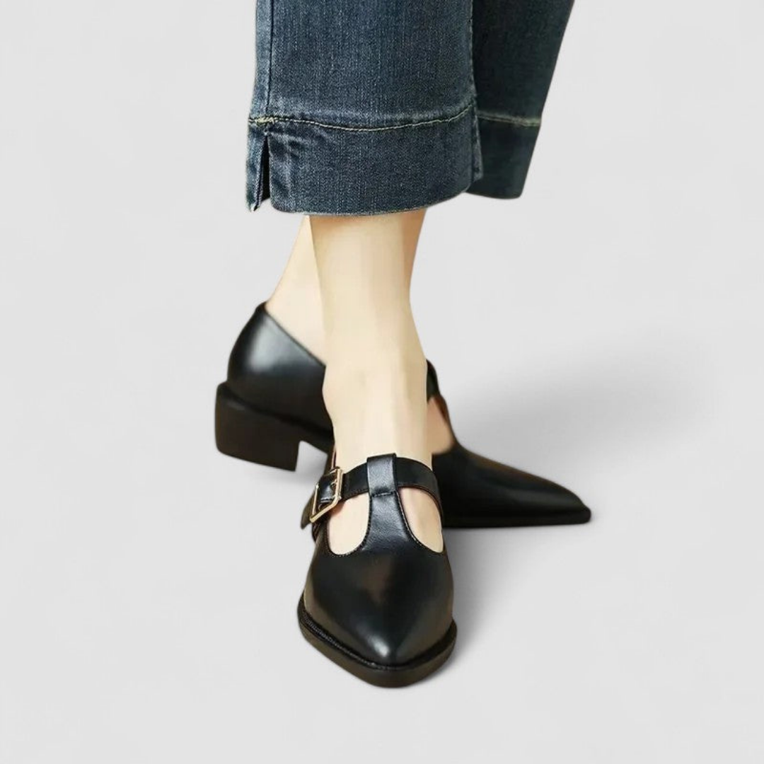 Isolde | Women's Leather Pointed-Toe Mary Jane Block Heel Pumps