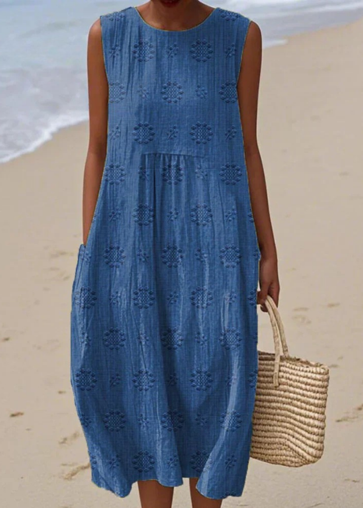 Isolde | Women's Linen Embroidered Sleeveless Midi Dress