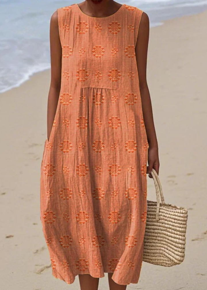 Isolde | Women's Linen Embroidered Sleeveless Midi Dress