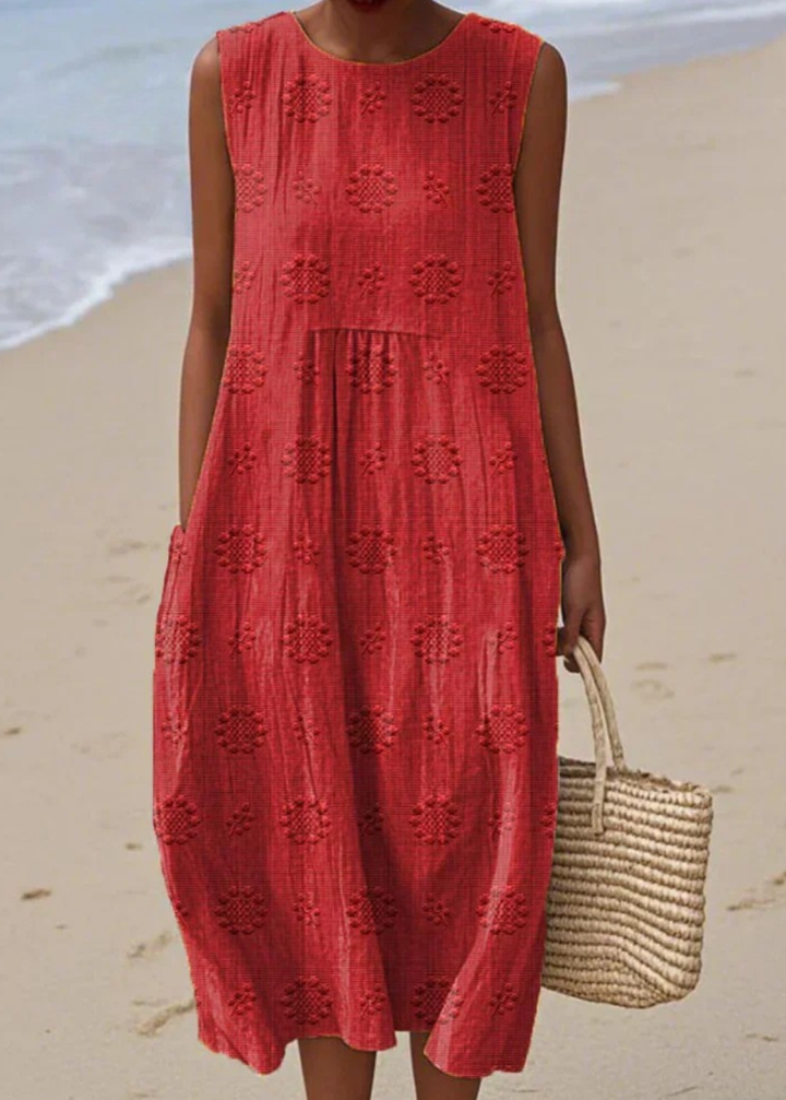 Isolde | Women's Linen Embroidered Sleeveless Midi Dress