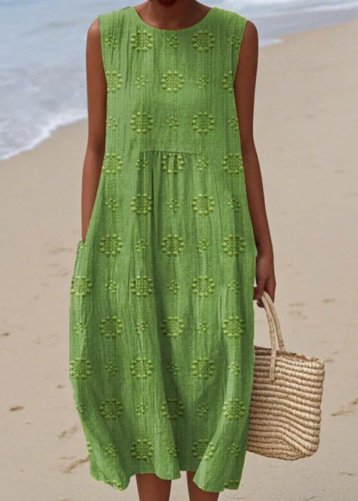 Isolde | Women's Linen Embroidered Sleeveless Midi Dress