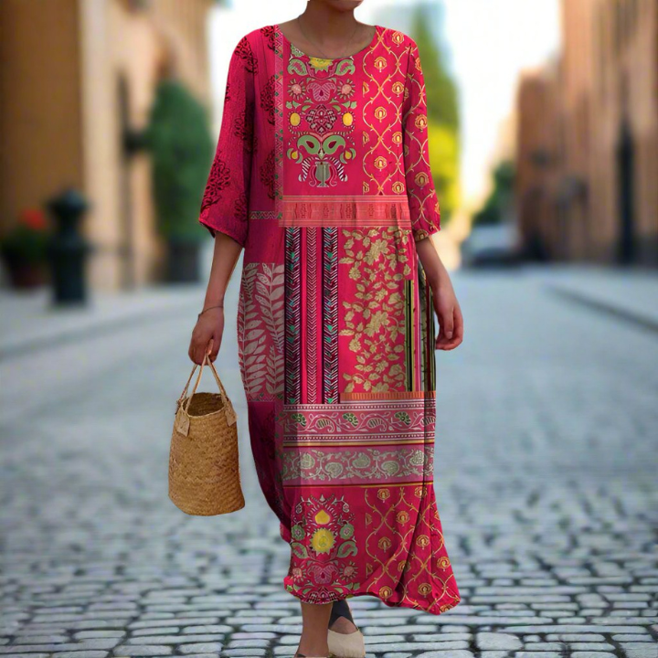 Jaya | Women's Red Cotton Boho Print Round-Neck 3/4 Sleeve Maxi Dress