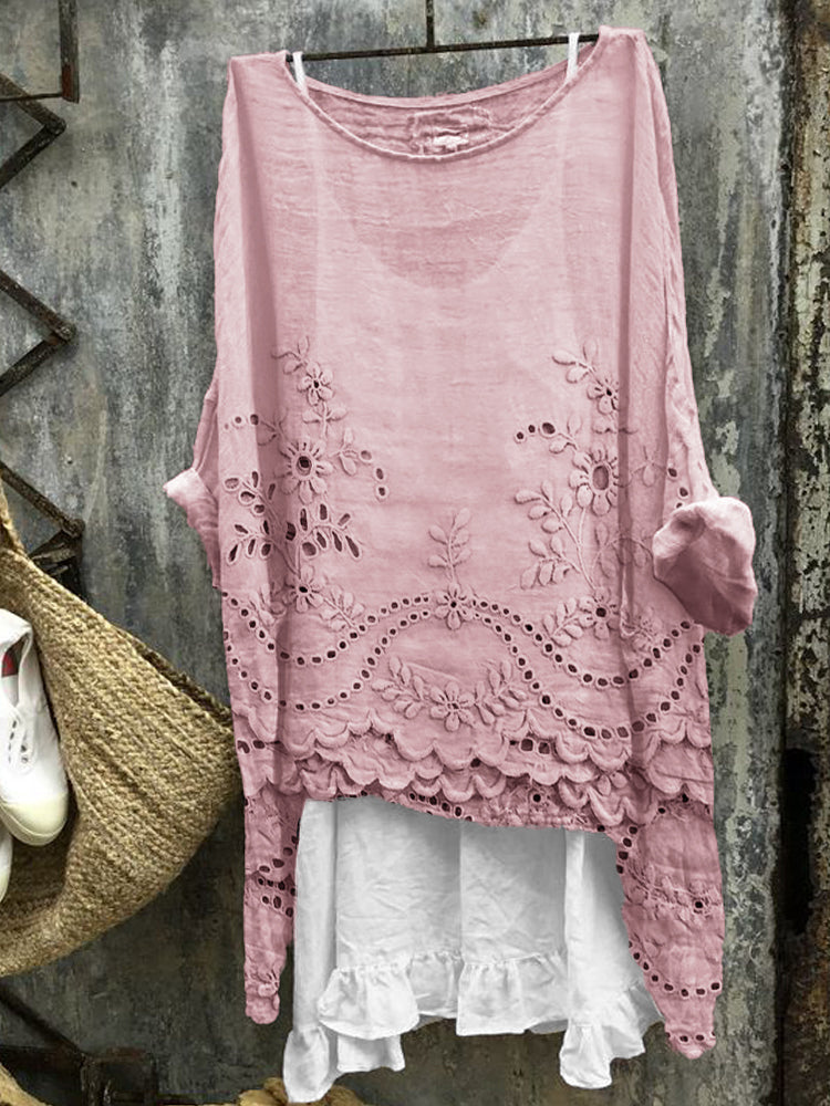 Jolene | Women's Linen Crochet Hem Oversized Boho Top