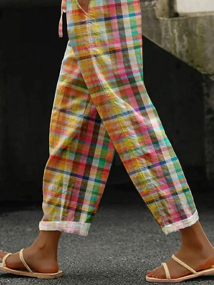 Jolene | Women's Linen Plaid Elasticated Waist Casual Trousers