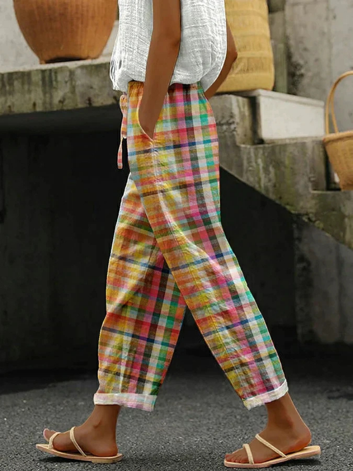 Jolene | Women's Linen Plaid Elasticated Waist Casual Trousers