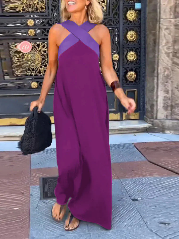 Jolene | Women's Stretch Cross-Strap Colourblock Maxi Dress