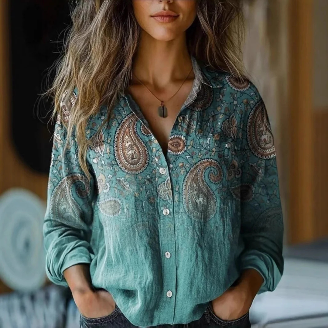 Juna | Women's Linen Boho Print Button-Down Shirt