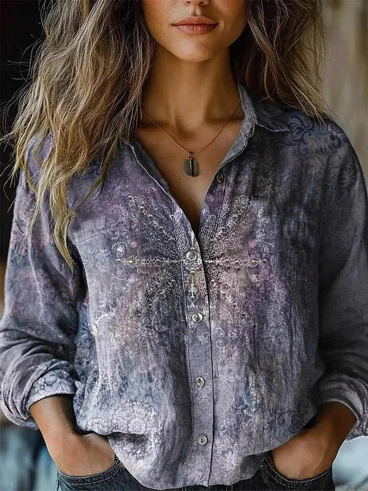 Juna | Women's Linen Boho Print Button-Down Shirt