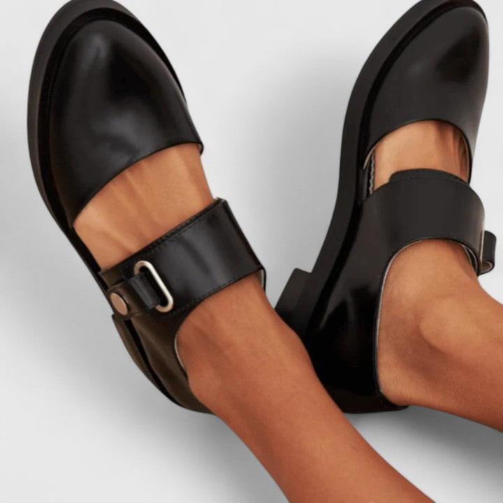 Kezia | Women's Black Leather Buckle Strap Mary Jane Low Heel Shoes