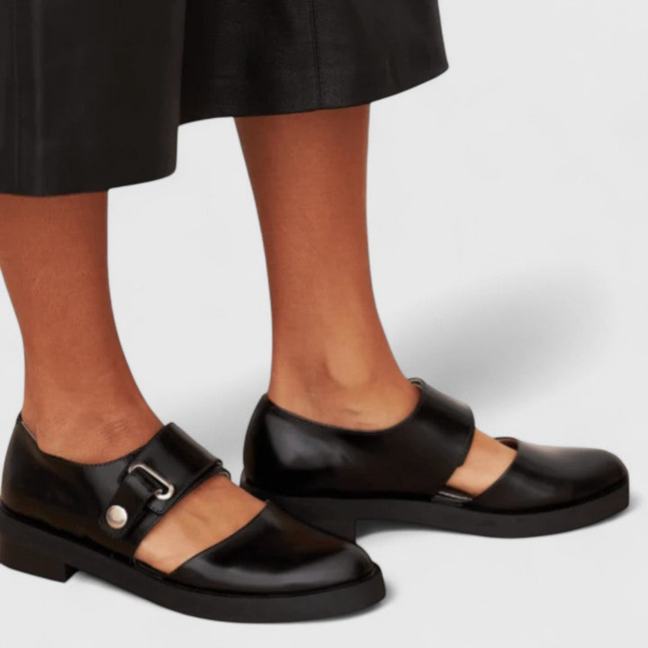 Kezia | Women's Black Leather Buckle Strap Mary Jane Low Heel Shoes