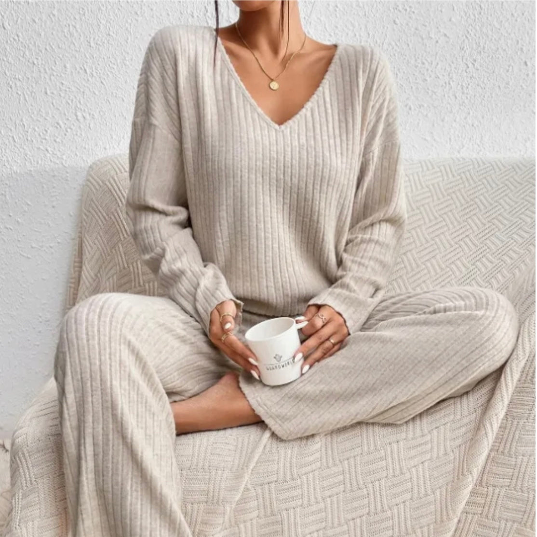 Lena | Women's Cotton-Blend Ribbed Knit Wide-Leg Lounge Set