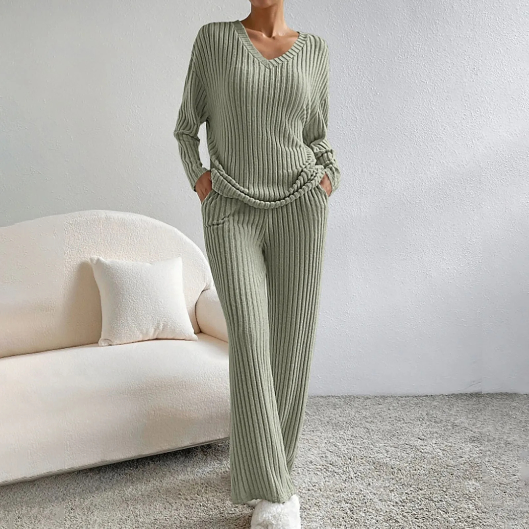 Lena | Women's Cotton-Blend Ribbed Knit Wide-Leg Lounge Set