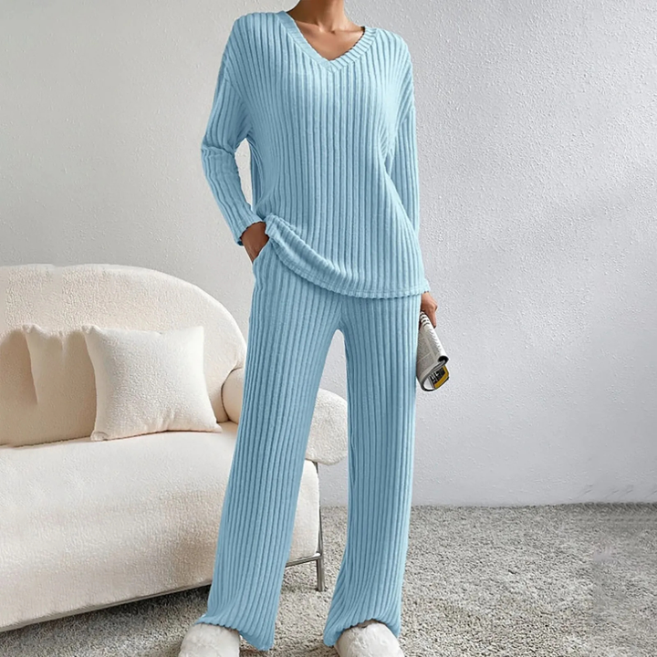 Lena | Women's Cotton-Blend Ribbed Knit Wide-Leg Lounge Set
