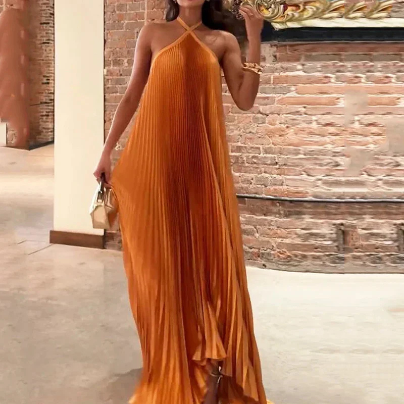 Lennox | Women's Chiffon Pleated Halter Neck Maxi Dress