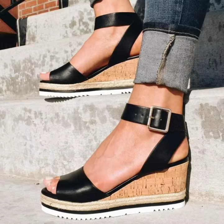 Lennox | Women's Leather Ankle Strap Cork Wedge Sandals