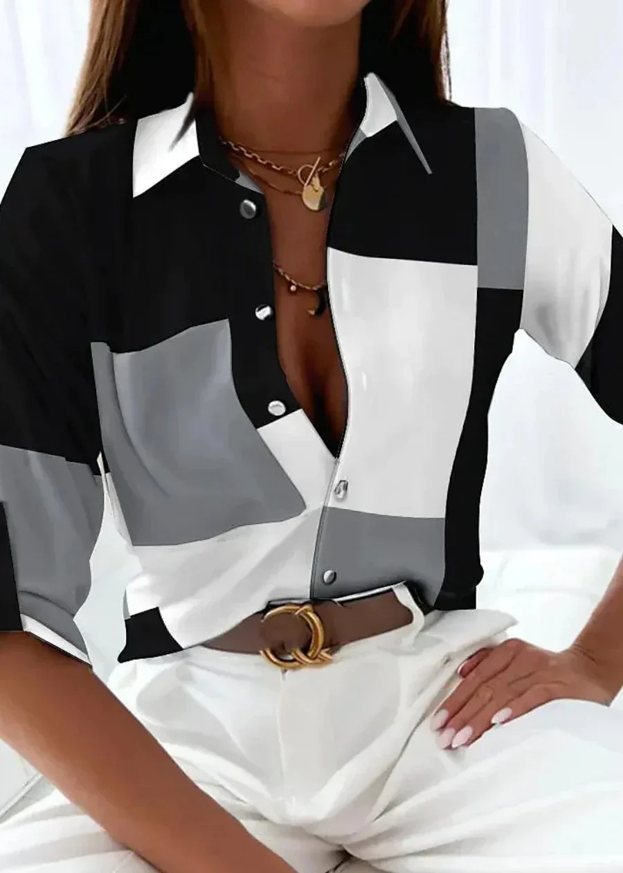 Lennox | Women's Satin Abstract Print Collared Long Sleeve Blouse