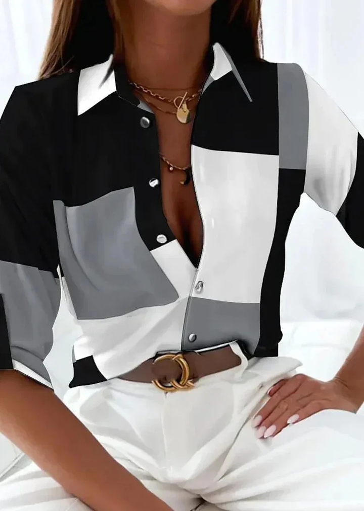 Lennox | Women's Satin Abstract Print Collared Long Sleeve Blouse