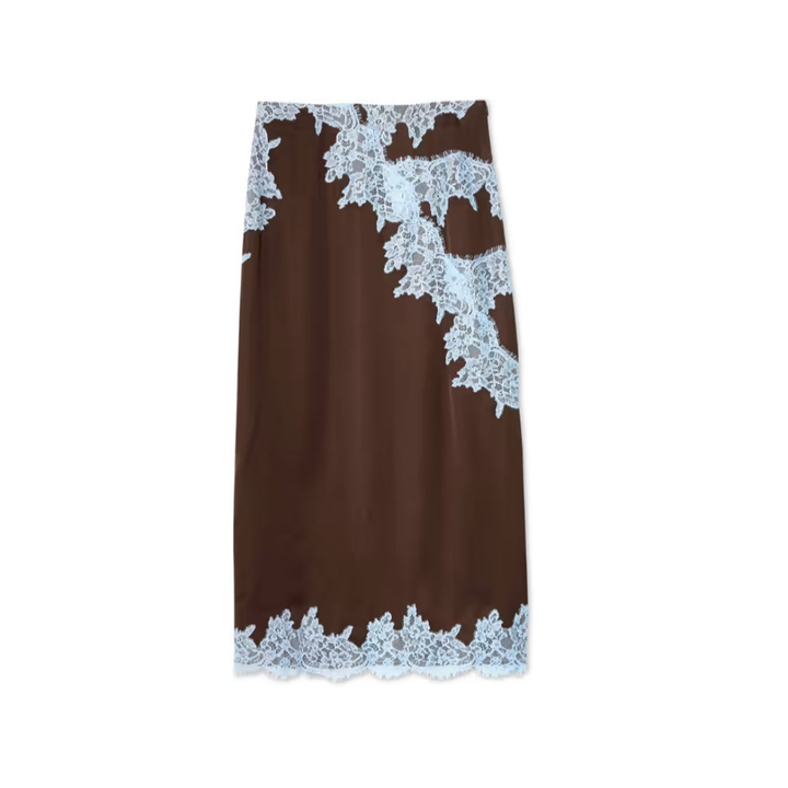 Liesel | Women's Brown Satin Lace Trim Halter Top & Maxi Skirt Set