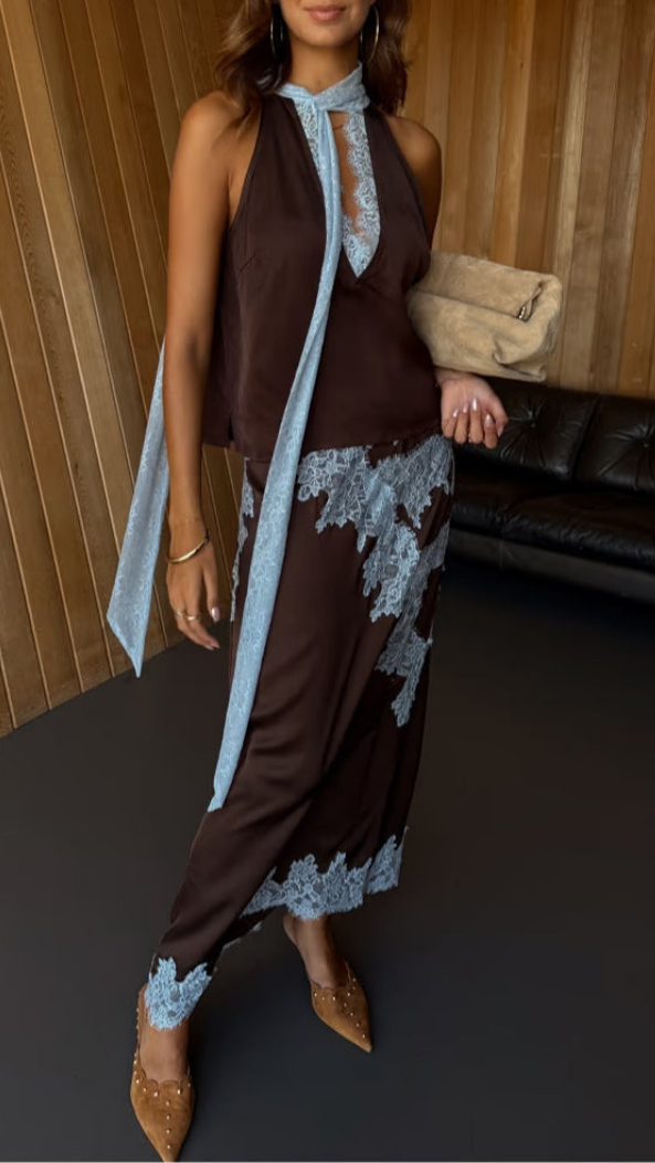 Liesel | Women's Brown Satin Lace Trim Halter Top & Maxi Skirt Set