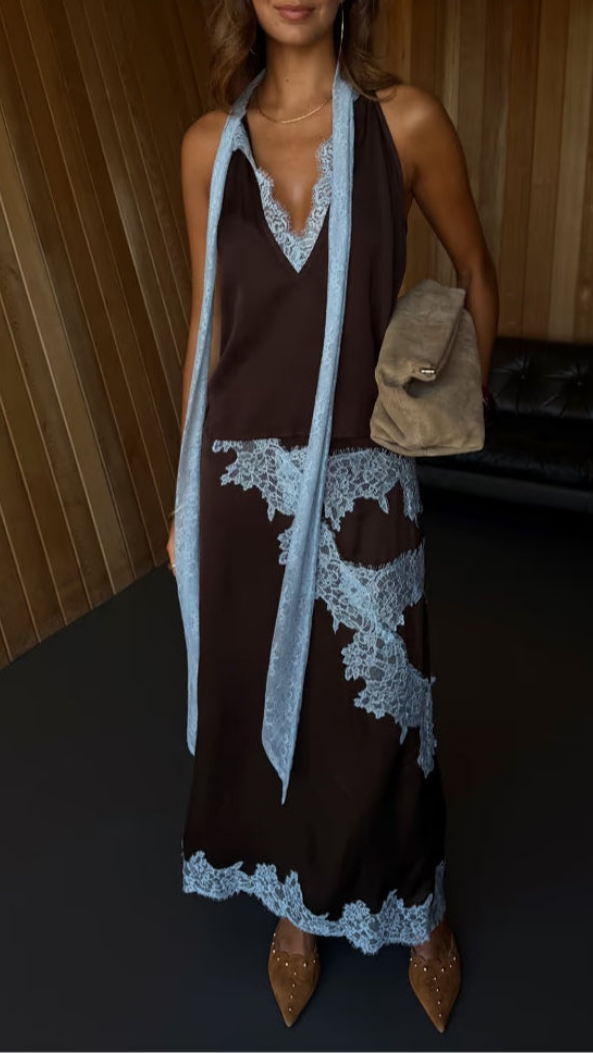 Liesel | Women's Brown Satin Lace Trim Halter Top & Maxi Skirt Set
