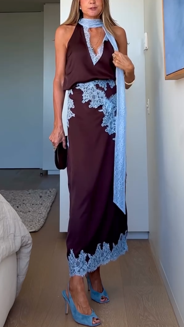 Liesel | Women's Brown Satin Lace Trim Halter Top & Maxi Skirt Set