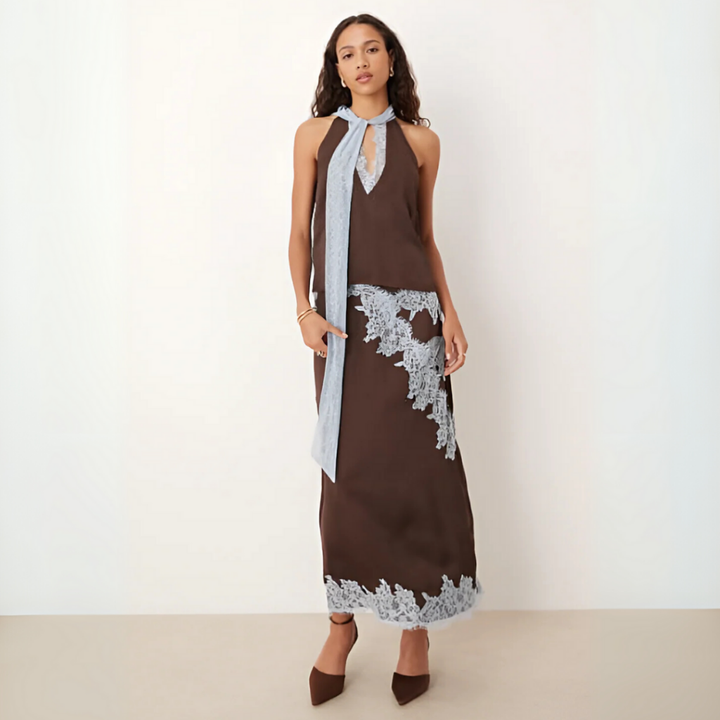 Liesel | Women's Brown Satin Lace Trim Halter Top & Maxi Skirt Set
