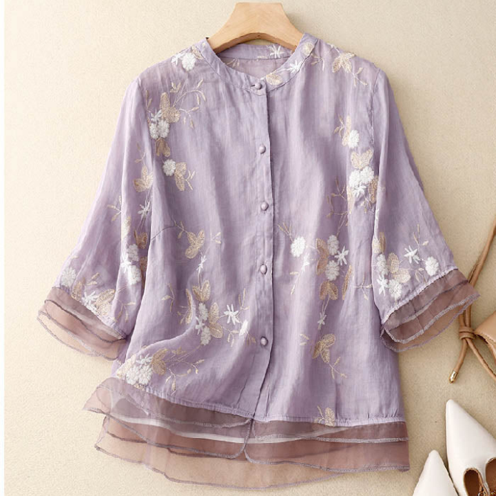 Liora | Women's Chiffon Floral Embroidered Layered-Hem Blouse