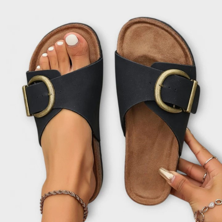 Lorne | Women's Leather Oversized Buckle Cork Footbed Slide Sandals