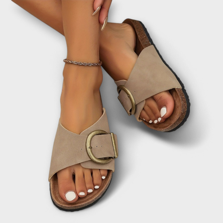 Lorne | Women's Leather Oversized Buckle Cork Footbed Slide Sandals