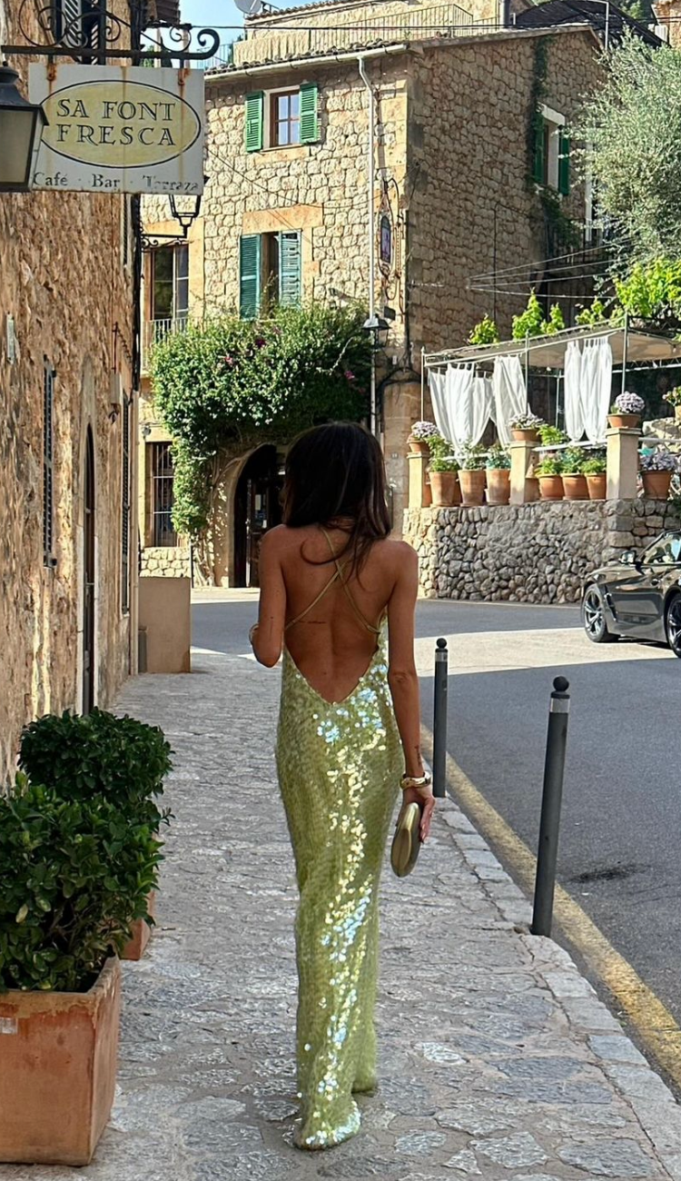 Luxe | Women's Green Sequin Cowl-Neck Slip Maxi Dress