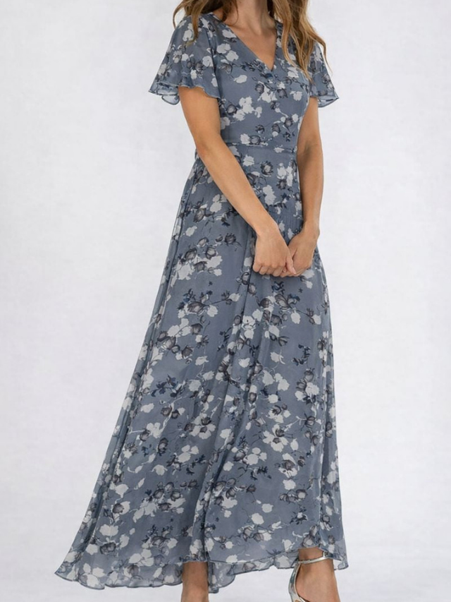 Maeva | Women's Chiffon Floral Flutter-Sleeve V-Neck Maxi Dress