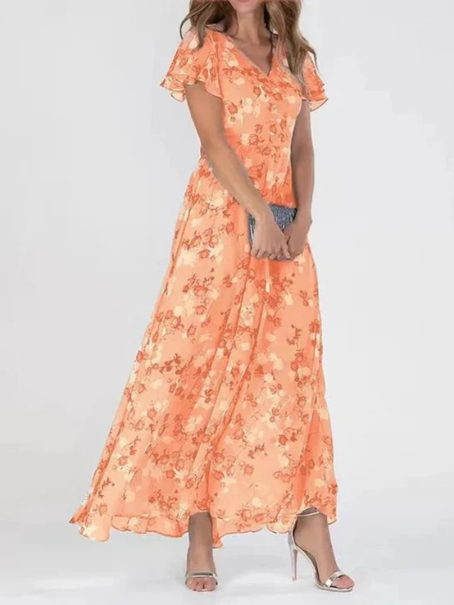 Maeva | Women's Chiffon Floral Flutter-Sleeve V-Neck Maxi Dress