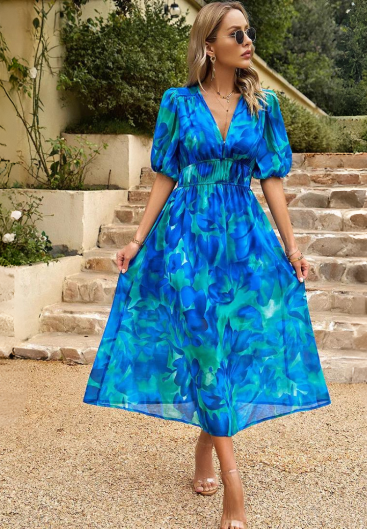 Magnolia | Women's Chiffon Floral Print V-Neck Midi Dress