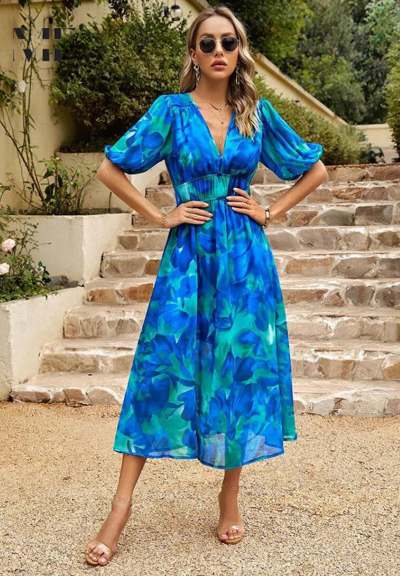 Magnolia | Women's Chiffon Floral Print V-Neck Midi Dress