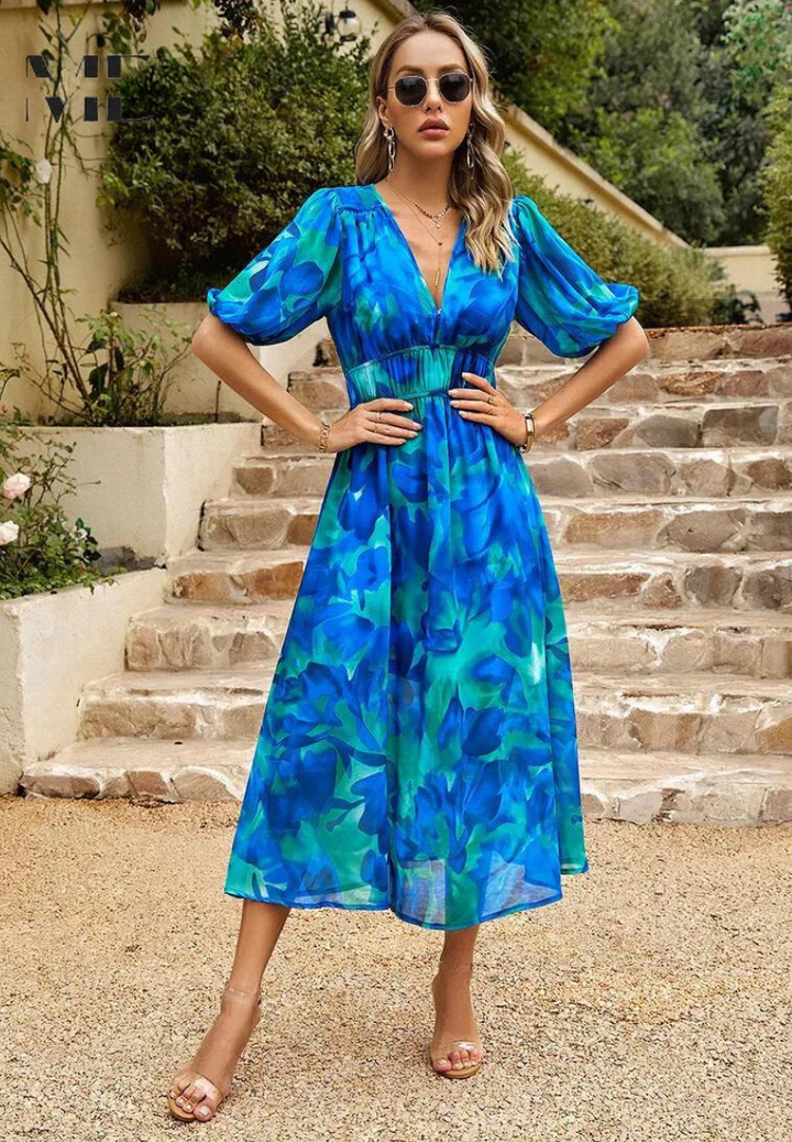 Magnolia | Women's Chiffon Floral Print V-Neck Midi Dress