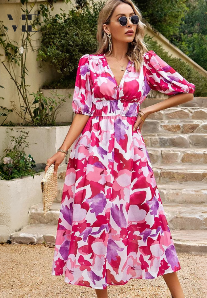 Magnolia | Women's Chiffon Floral Print V-Neck Midi Dress