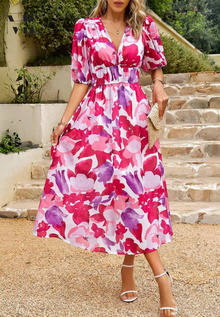 Magnolia | Women's Chiffon Floral Print V-Neck Midi Dress