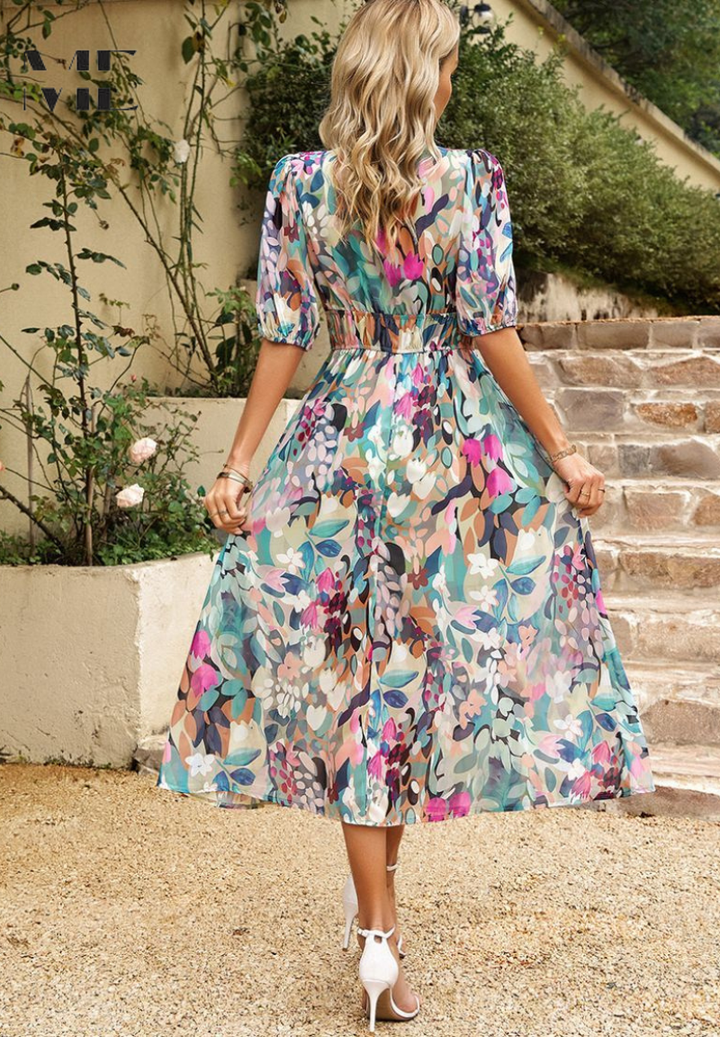 Magnolia | Women's Chiffon Floral Print V-Neck Midi Dress
