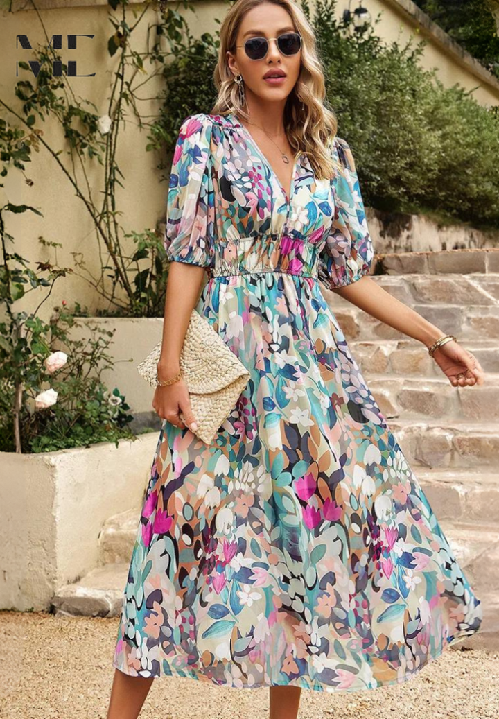 Magnolia | Women's Chiffon Floral Print V-Neck Midi Dress