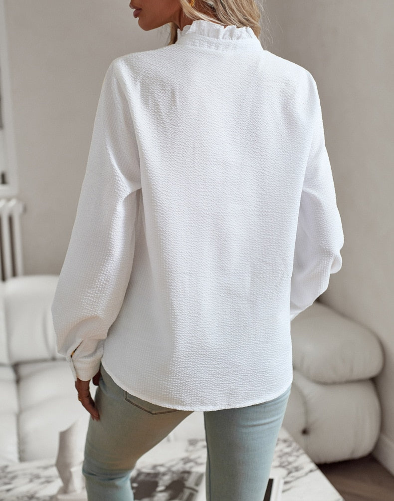 Marlowe | Women's Cotton Ruffle-Trim Long-Sleeve Blouse
