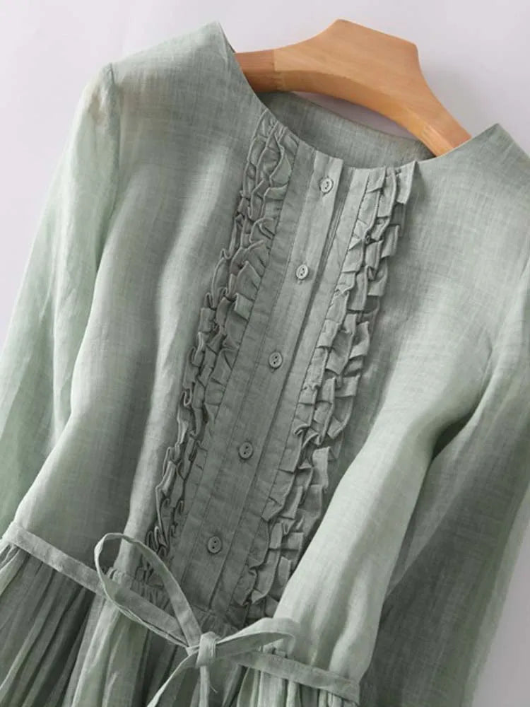 Marlowe | Women's Linen Ruffle-Front Tie-Waist Maxi Dress