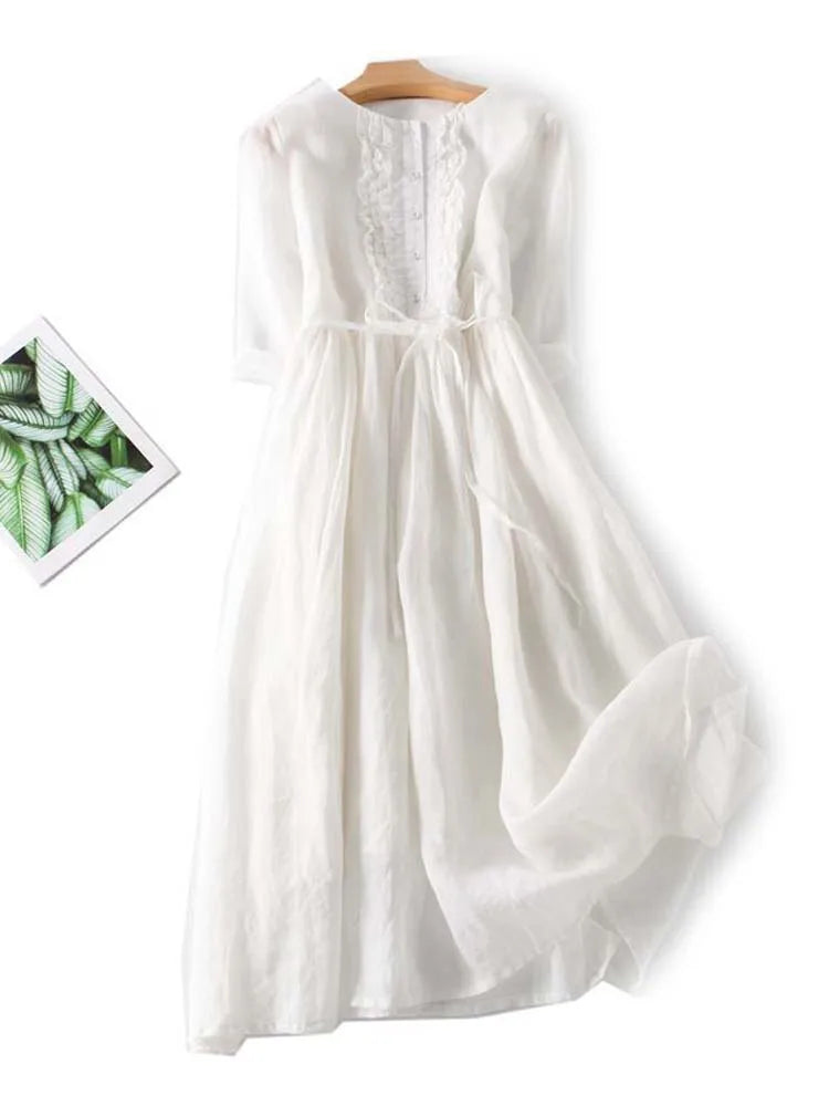 Marlowe | Women's Linen Ruffle-Front Tie-Waist Maxi Dress