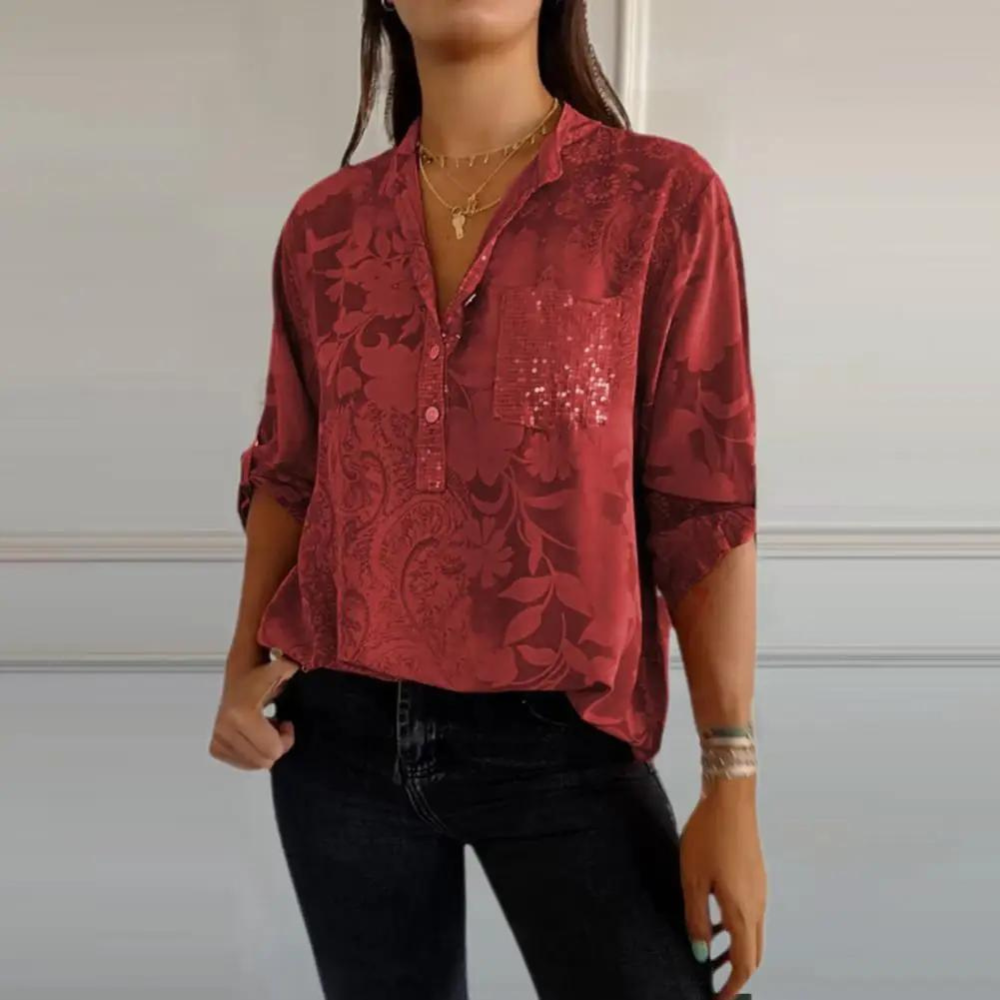 Marlowe | Women's Linen V-Neck Pocket Long Sleeve Shirt