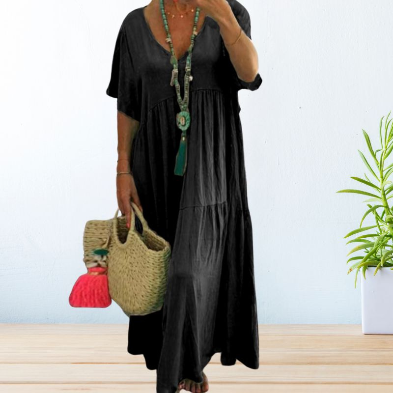 Marlowe | Women's Linen V-Neck Short Sleeve Tiered Maxi Dress