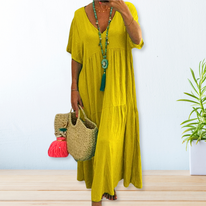 Marlowe | Women's Linen V-Neck Short Sleeve Tiered Maxi Dress