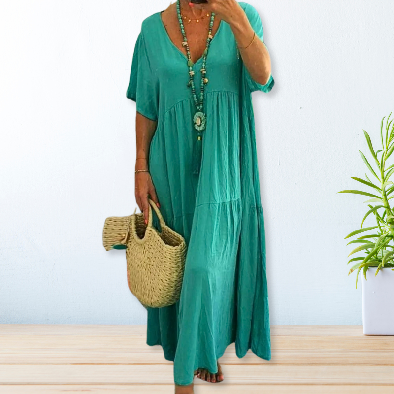Marlowe | Women's Linen V-Neck Short Sleeve Tiered Maxi Dress