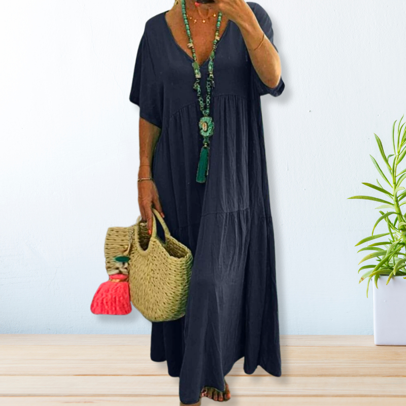 Marlowe | Women's Linen V-Neck Short Sleeve Tiered Maxi Dress