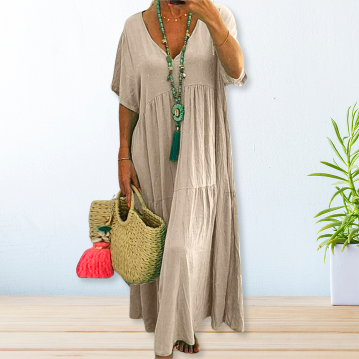 Marlowe | Women's Linen V-Neck Short Sleeve Tiered Maxi Dress