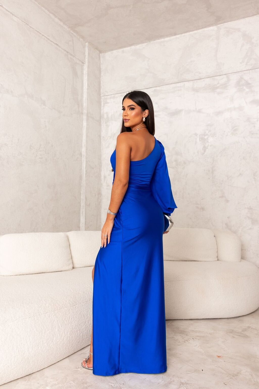 Marlowe | Women's Satin One-Shoulder Ruched Split Maxi Dress