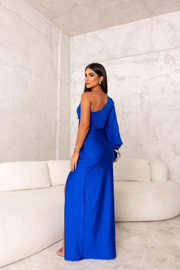 Marlowe | Women's Satin One-Shoulder Ruched Split Maxi Dress
